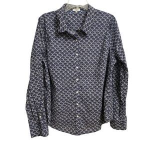 Crown & Ivy Women's Scallop Print Button Front Shirt Size XL Blue White Cotton